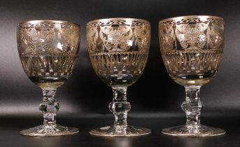 Three De Lamerie Fine Bone China heavily gilded wine glasses specially commissioned for HRH Prince