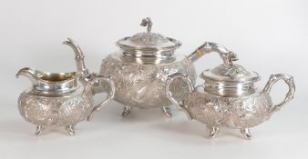 Chinese silver 3 piece tea set, makers mark WH for Wang Hing, probably Hong Kong. Gross weight 922g.