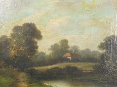 W Morris late 19th century oil on canvas landscape, frame size 50.5 x 63cm, repairs noted.