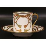 De Lamerie Fine Bone China heavily gilded Ribbons & Bows pattern in green set of six coffee cans &