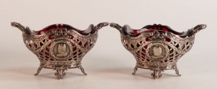 Pair 19th century Dutch silver baskets with red glass liners, English import marks for Sheffield
