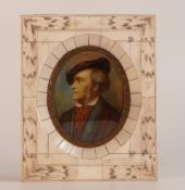 19th century portrait miniature of a Gent in a Beret, in carved bone frame with gilt metal border.