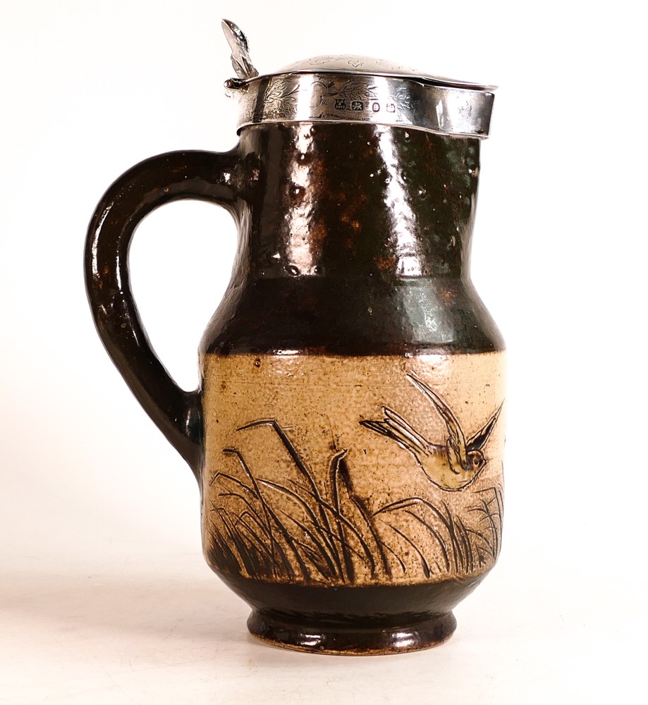 Martin Bros Stoneware jug with hallmarked shaped silver rim & cover, decorated all over with - Image 4 of 7