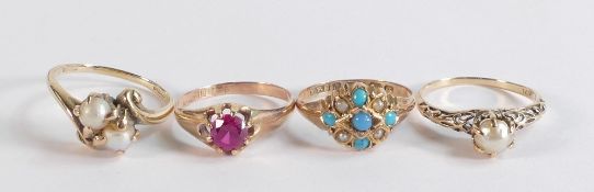 4 x gold rings set with various mixed stones/ pearls, one marked 14ct (1.49g), and 3 x 9ct, gross