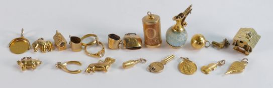 18 x gold charms, either 9ct gold hallmarked or tested as 9ct gold, includes a banknote & and a