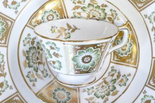 Royal Crown Derby Green panel tea and dinner ware to include 6 side plates, tea pot, 6 trios, milk
