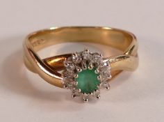 9ct gold ladies ring set with oval green stone surrounded by white stones, ring size P/Q, 3.9g.