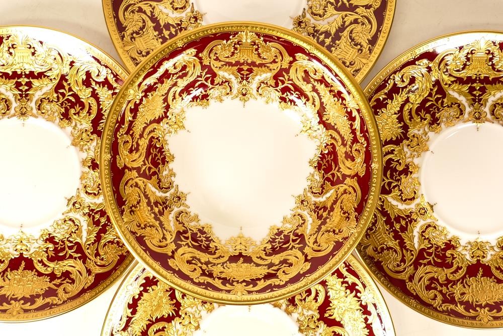 De Lamerie Fine Bone China heavily gilded Burgundy Royale pattern items to include 5 x 18cm saucers, - Image 3 of 3