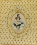 Victorian portrait watercolour in embroidered quilted mount, frame size 32cm x 27.5cm