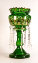 Victorian green glass Lustre with enamel and gilt decoration, with 8 two section droppers. Height: