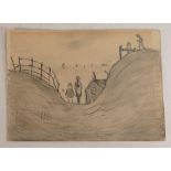 L S Lowry - Shore Scene pencil drawing 12.7cm x 17.6cm. This comes together with a letter from