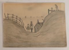 L S Lowry - Shore Scene pencil drawing 12.7cm x 17.6cm. This comes together with a letter from