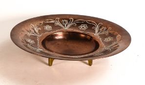 Arts & Crafts hand beaten Copper footed bowl decorated with tulips on brass supports, diameter 25cm