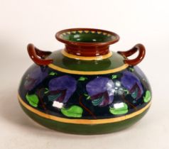 Wileman & Co Intarsio two handled squat vase 3044, band of sweet peas around centre of vase.