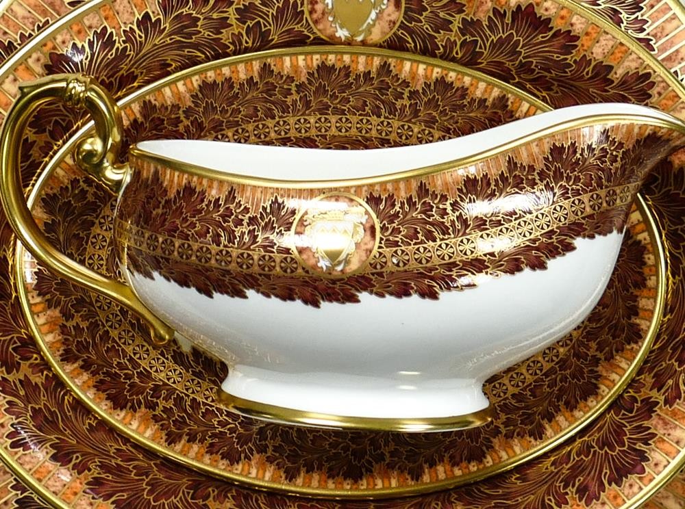 De Lamerie Fine Bone China heavily gilded crested Winter Leaves pattern dinner ware to include 2 x