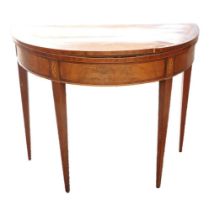 Georgian Mahogany inlaid D-end fold over card table, beige interior, w.91cm x h.74cm x d.45cm.