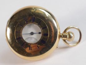 18ct gold hallmarked cased keyless half hunter pocket watch by Benson, London. Very minor denting to