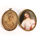 Two miniature portraits to include 19th century female figure in nightwear, together with a