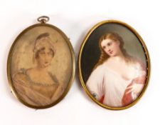Two miniature portraits to include 19th century female figure in nightwear, together with a