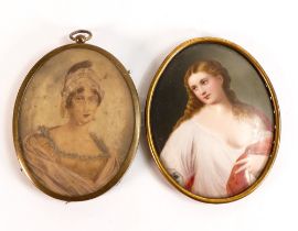 Two miniature portraits to include 19th century female figure in nightwear, together with a