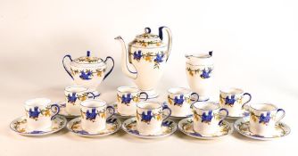 Aynsley coffee set decorated with Bluebirds and foliage, c1900, comprising coffee pot, 9 cups and 12