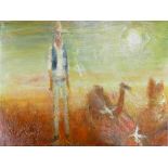 Keith Michell (1928-2015), oil painting of Cowboy figure on desert scene, 75cm x 100cm.