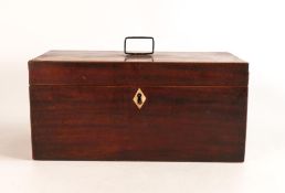 Victorian or later tea caddy. Banded border to edges and lozenge escutcheon. Fitted with two
