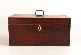 Victorian or later tea caddy. Banded border to edges and lozenge escutcheon. Fitted with two