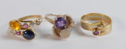 Three gem set rings - diamond & ruby three colour gold set size L/M 3.6g high carat, multi