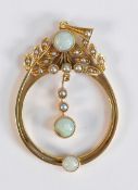 15ct gold opal and seed pearl pendant, 4.2g.
