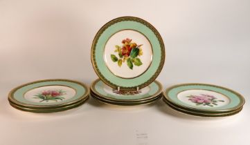 Ten quality hand painted 19th century cabinet plates decorated with wild flowers, with gilt rim &