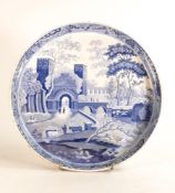 Spode blue and white wide footed dish, transfer printed depicting San Sebastiano in Rome. Base