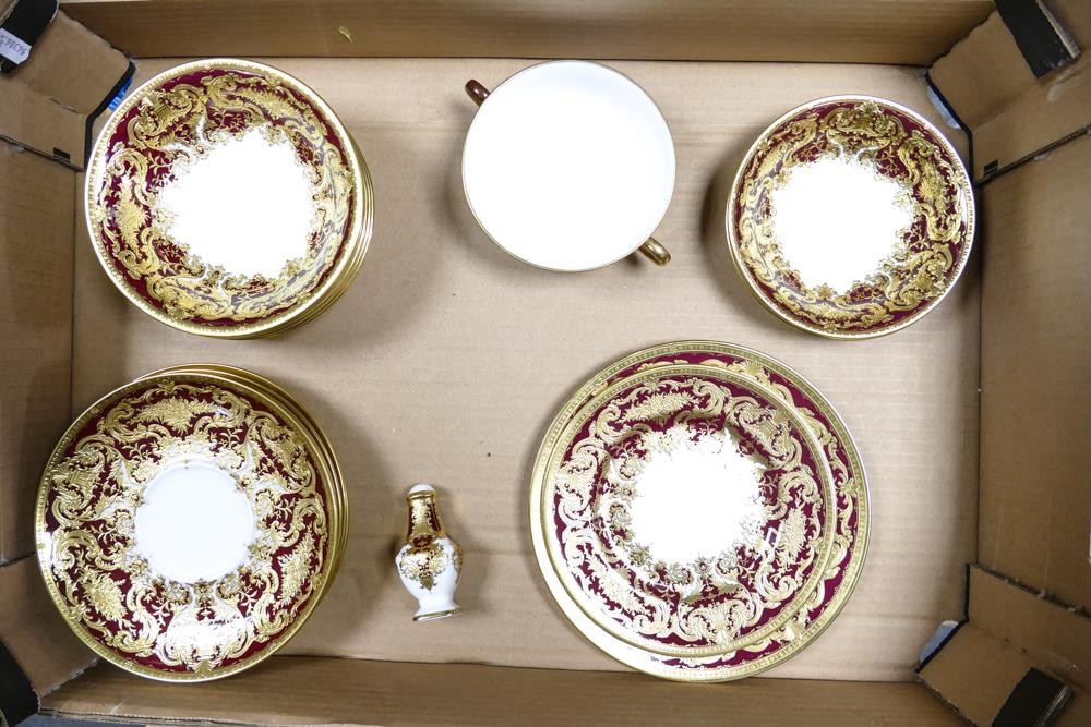 De Lamerie Fine Bone China heavily gilded Burgundy Royale pattern items to include 5 x 18cm saucers, - Image 2 of 3