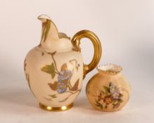 Royal Worcester hand painted floral jug 1094 together with smaller floral vase 779. Height of