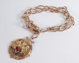 9ct rose gold hallmarked bracelet made from watch chain, together with 9ct gold and enamel fob medal