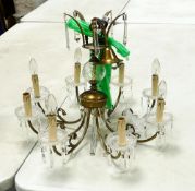 Large Brass & cut glass eight branch ceiling lamp chandelier, five mid arm droppers detached, one