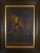 Mabel Muncaster, 'A Cottage Maiden' depiction of woman and baby seated by kitchen fire, oil on