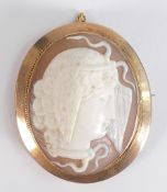 Large classical carved shell cameo brooch mounted in hallmarked 9ct gold. Height 49mm, weight 13.