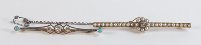 Two x Victorian diamond brooches - single old cut diamond and pearl brooch, 60mm wide, small
