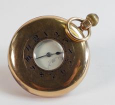 9ct gold half hunter keyless pocket watch by H Pidduck & Sons Hanley, 84.6g.