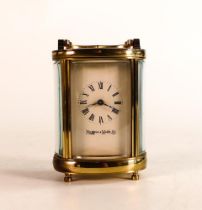 Mappin & Webb Ltd. quality miniature brass carriage clock, bevelled glass with balance movement. h.