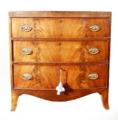 Georgian bow fronted Mahogany three drawer chest of drawers with splayed bracket feet, w.86cm x d.