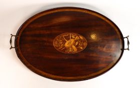 Large inlaid serving tray with musical instrument inlay central, length at largest 62.5cm
