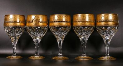 Five De Lamerie Fine Bone China heavily gilded White wine glasses one with personalised crest,