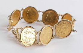 Seven x HALF gold Sovereign coins bracelet, all Queen Victoria, the dates for which are; 1900, 1899,