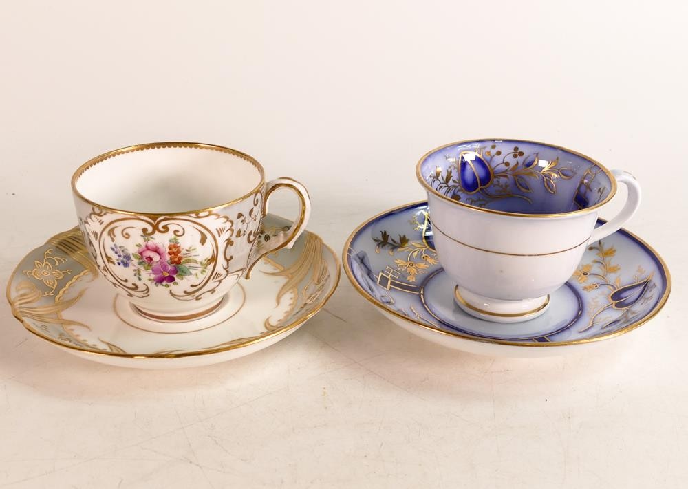 Two 19th century English porcelain tea cup and saucers. One in Flow blue and gilt pattern number 656