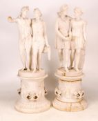 Pair of Alabaster carved figures on pedestals, some sections reglued, some localised chipping to