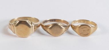 3 x 9ct gold hallmarked signet rings, largest size O/P, the other two N & P, one of these has