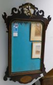 George III Mahogany Ho-ho Bird wall mirror. Fretcut body with carved bird on C-scroll perch to
