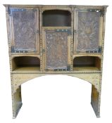 Art Nouveau / Arts & Crafts large inlaid & carved oak cabinet. Measures 129.5cm wide x 41cm deep x